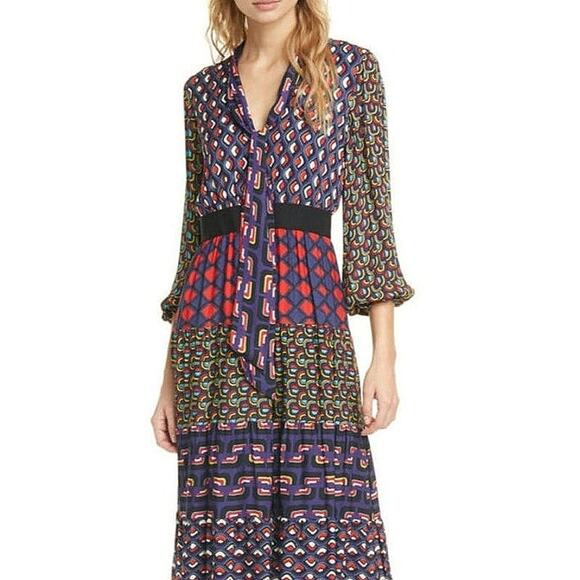 Alice + Olivia Karolina Mod Moon Tie Neck Blouson Sleeve Colorblock Midi Dress 6 - Picture 1 of 16